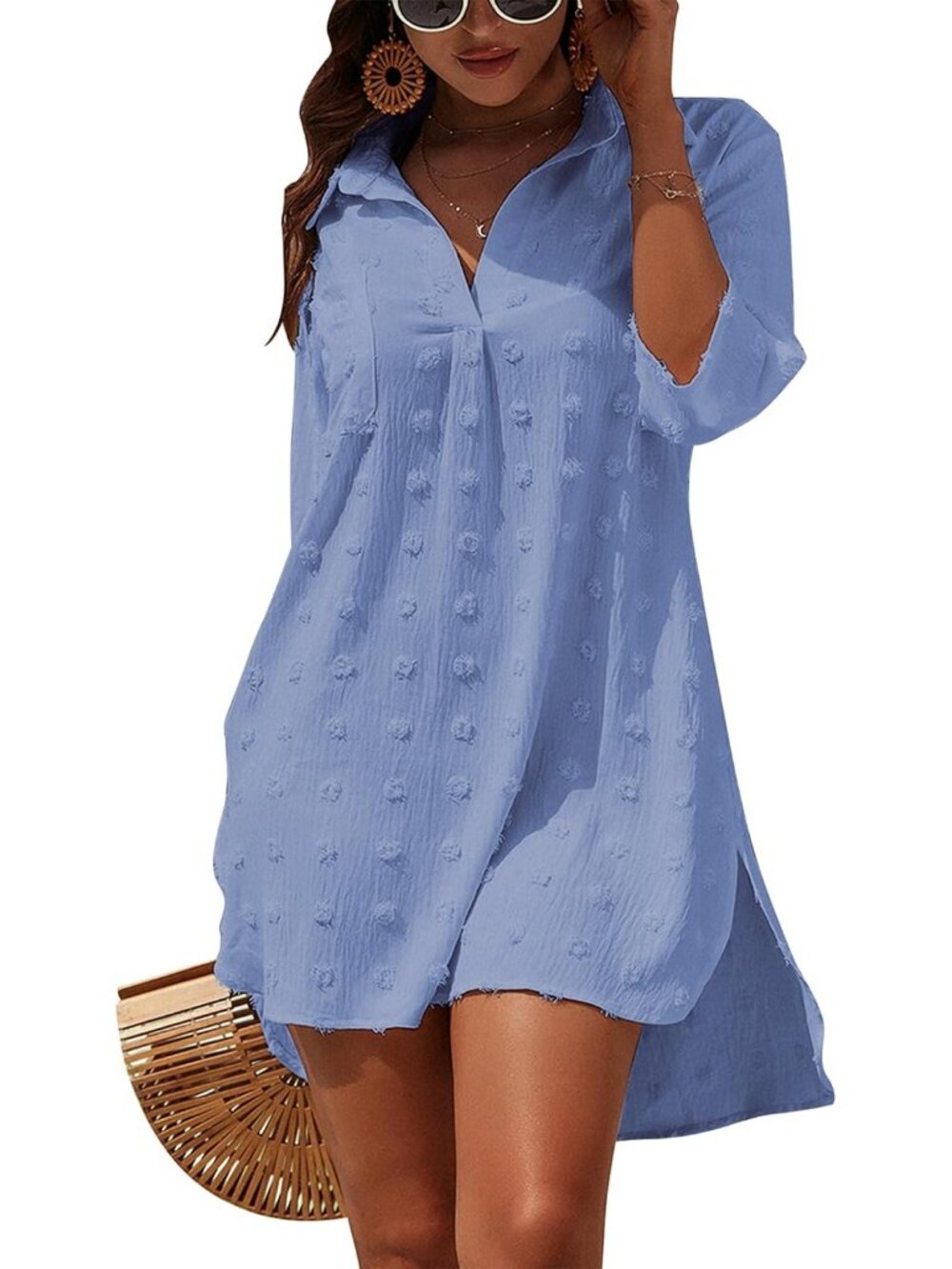 Women's Baby Blue Polyester Swimsuit Coverup Bathing Suit Cover Up Front Pocket